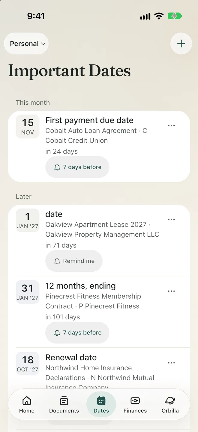 Important Dates in Life Desk: a first payment due on November 15, a lease date, a membership ending, and a home insurance renewal on October 18, 2027, most with a reminder set days before.
