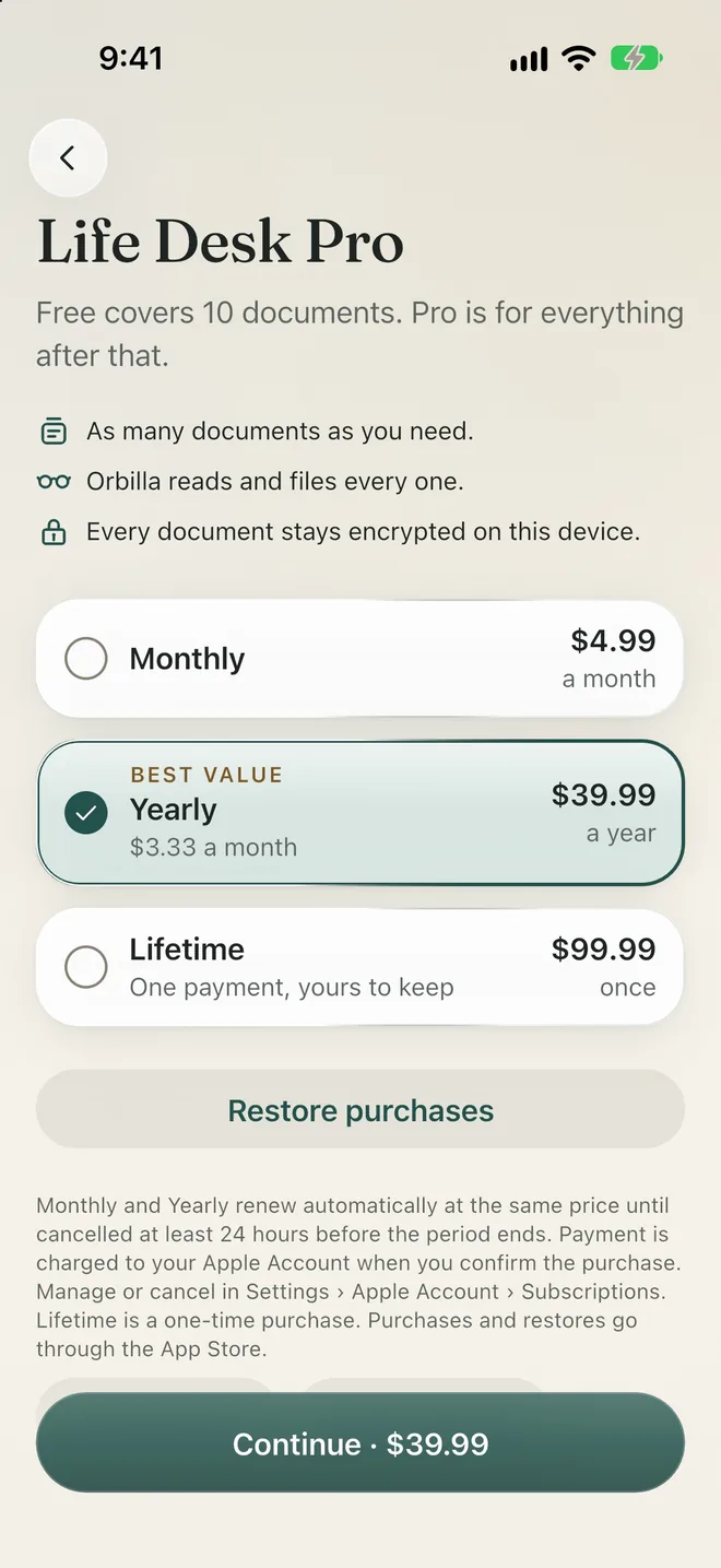 Life Desk Pro in the app: Monthly $4.99 a month, Yearly $39.99 a year marked Best value, $3.33 a month, and Lifetime $99.99 once, one payment, yours to keep.