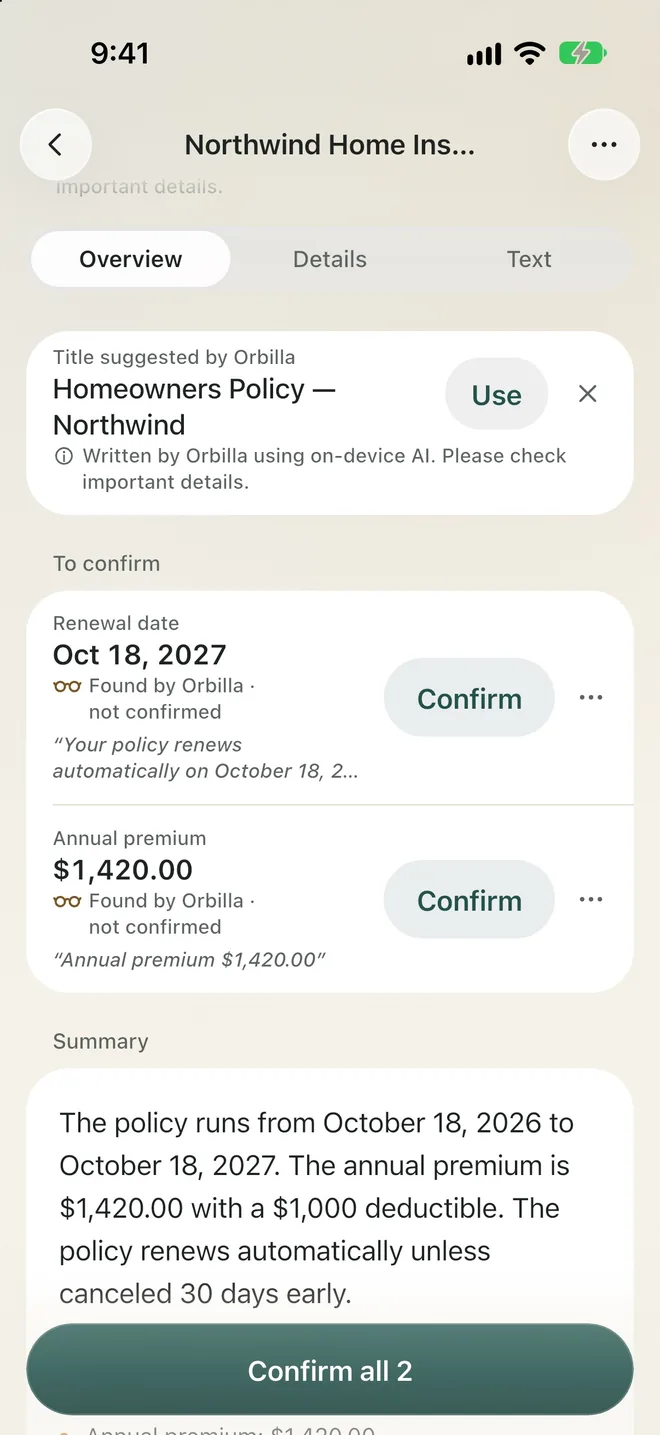A policy in Life Desk: Title suggested by Orbilla, Homeowners Policy — Northwind, and to confirm, the renewal date Oct 18, 2027 and the annual premium $1,420.00, each Found by Orbilla, not confirmed.