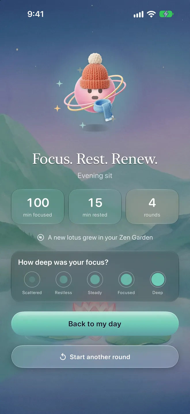 The session-complete screen with a new plant in the Zen Garden