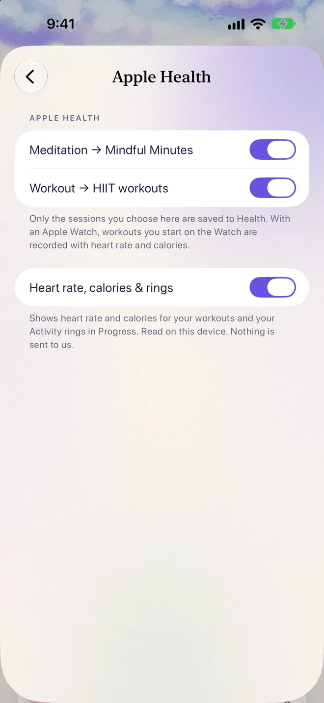 Apple Health settings: Meditation to Mindful Minutes, Workout to HIIT workouts, and Heart rate, calories and rings.