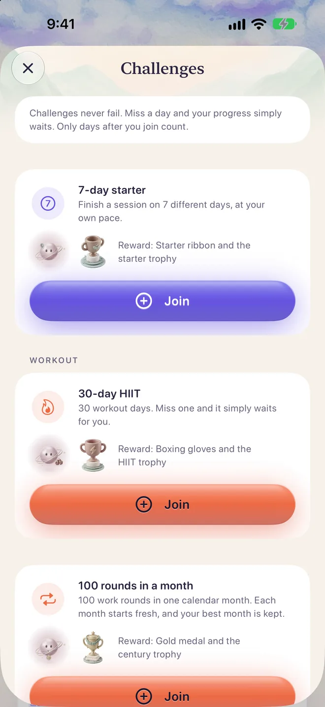 Challenges: Challenges never fail. Miss a day and your progress simply waits. The 7-day starter, then under Workout, 30-day HIIT and 100 rounds in a month, each with its reward.