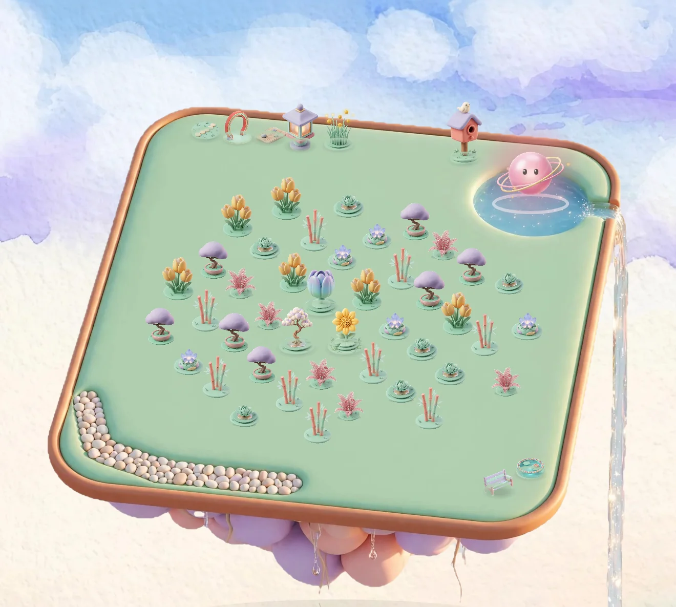 A full month in the Zen Garden: September’s island covered in plants, a path of pebbles, a lantern and a birdhouse, and Orbilla on its pond.
