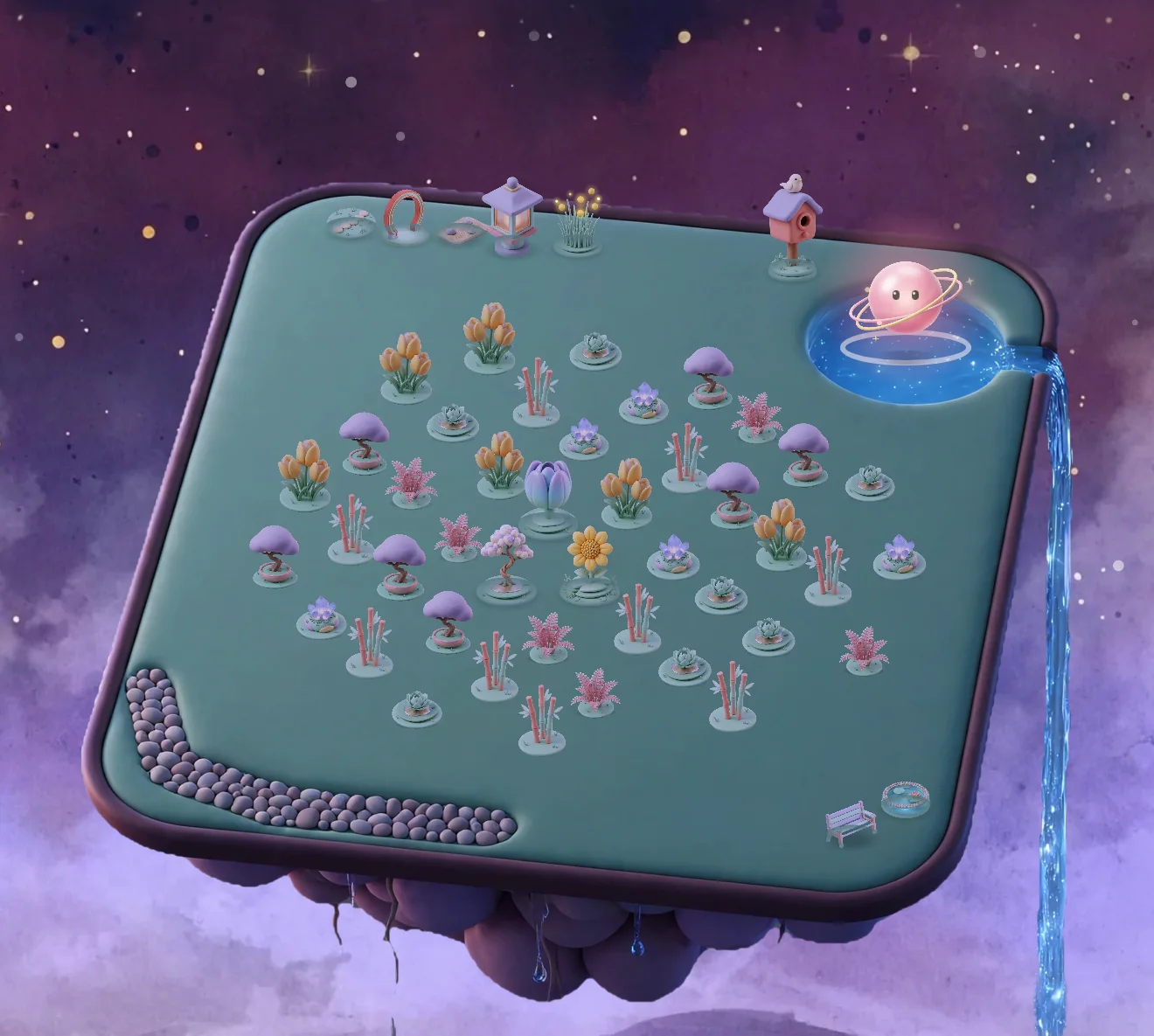 A full month in the Zen Garden at dusk: September’s island covered in plants, a path of pebbles, a lantern and a birdhouse, and Orbilla on its pond.