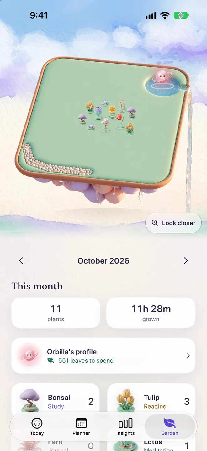 The Zen Garden on iPhone: October’s island with eleven plants and Orbilla on its pond, 11 plants, 11 h 28 m grown.
