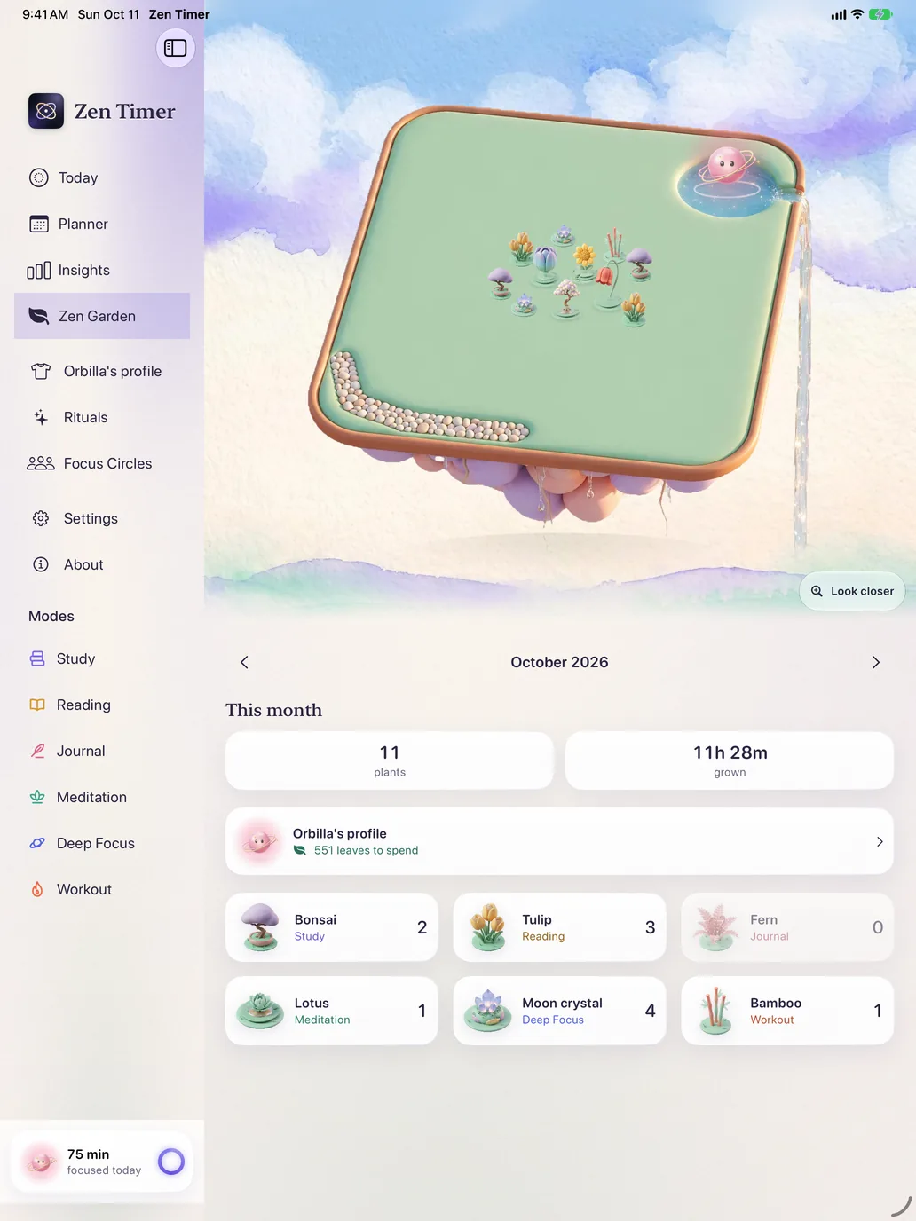The Zen Garden on iPad: October’s island with eleven plants and Orbilla on its pond, 11 plants, 11 h 28 m grown, and a count for each kind of plant.