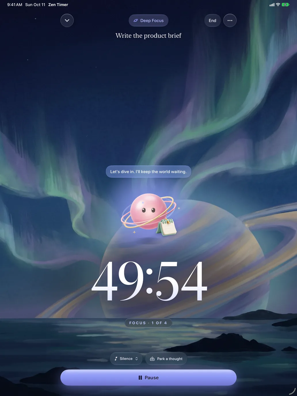 A Deep Focus session on iPad: Orbilla above a 49:54 countdown, focus 1 of 4, under a painted aurora.