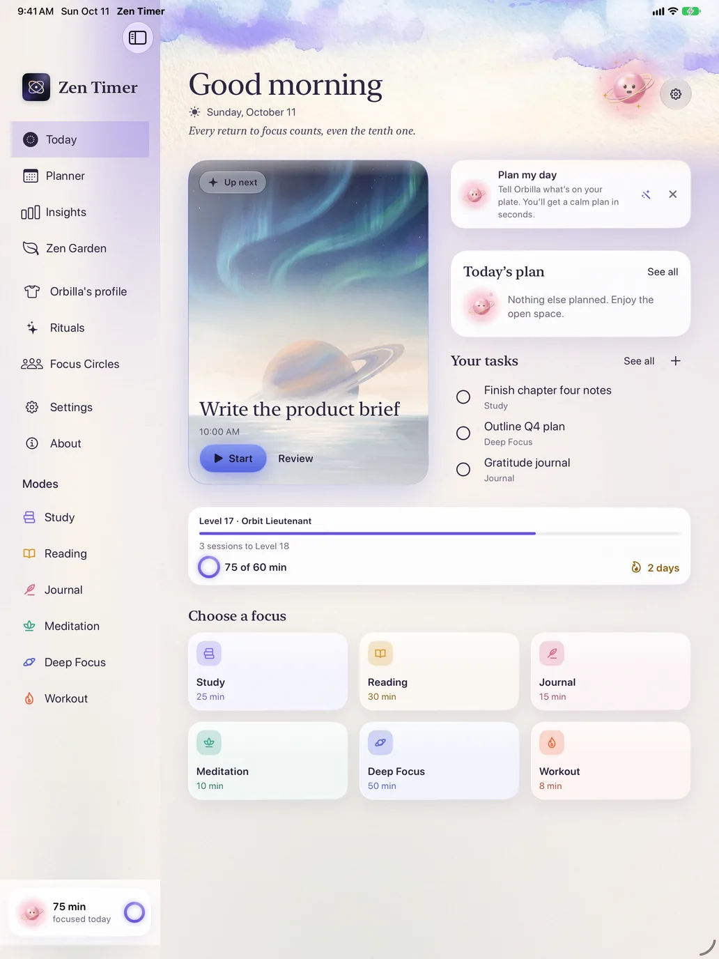 Today on iPad, with a sidebar, the next focus, tasks and the six modes.