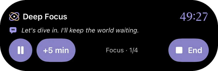 Zen Timer in the Dynamic Island, opened with a long press: Deep Focus, 49:27 left, Orbilla’s line, Focus 1 of 4, with buttons to pause, add 5 minutes and end.