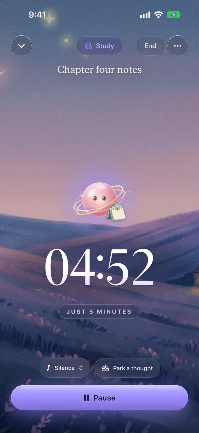 A Study session started with Just 5 minutes: Orbilla above 04:52 and the label Just 5 minutes.