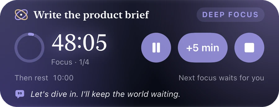 Zen Timer’s Live Activity on the Lock Screen: Write the product brief, Deep Focus, 48:05 left, with buttons to pause, add 5 minutes and end.