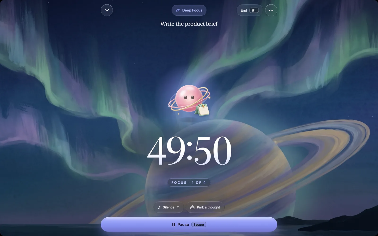 Zen Timer on Mac: a Deep Focus session, Orbilla above a 49:50 countdown under a painted aurora.