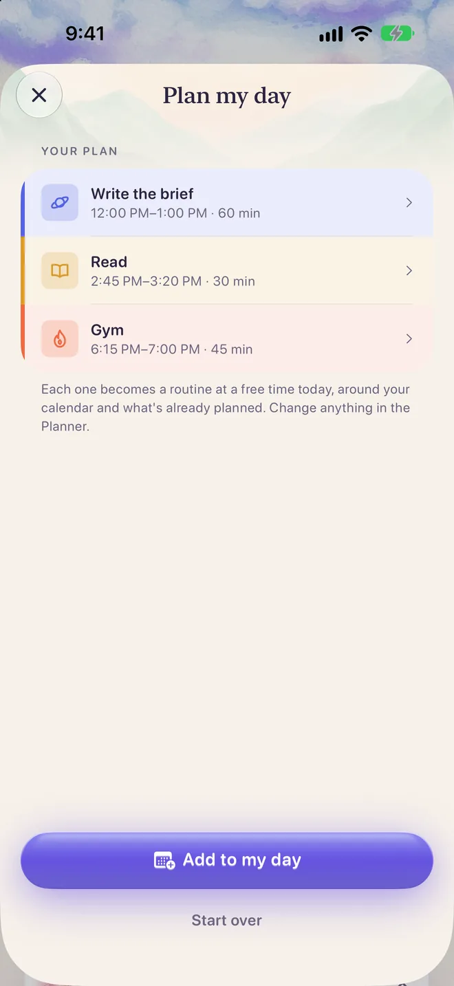 Plan my day: a plan of three parts, Write the brief, Read and Gym, each at a free time today.