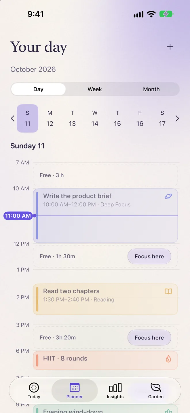 The Planner, Your day: a timeline with routines, free stretches and a Focus here button.