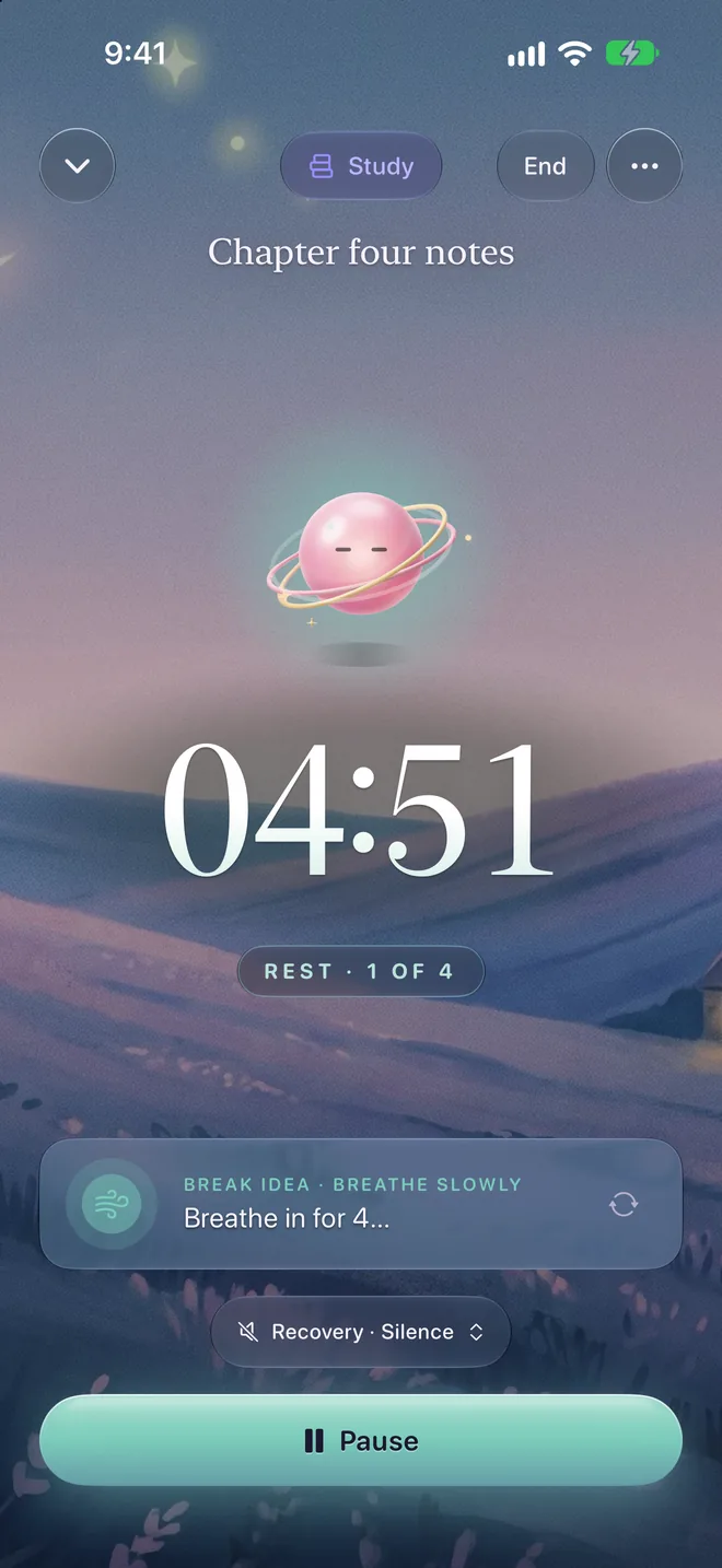 Rest, 1 of 4, at 04:51: Orbilla resting with its eyes closed, and a break idea, Breathe slowly.