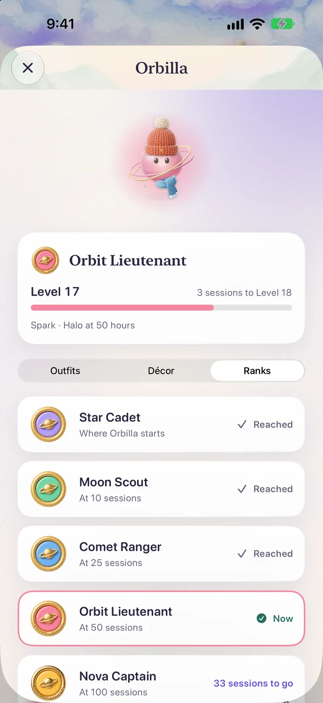 Orbilla’s profile, Ranks: the eight ranks from Star Cadet to Cosmic Marshal, and the level it has reached.