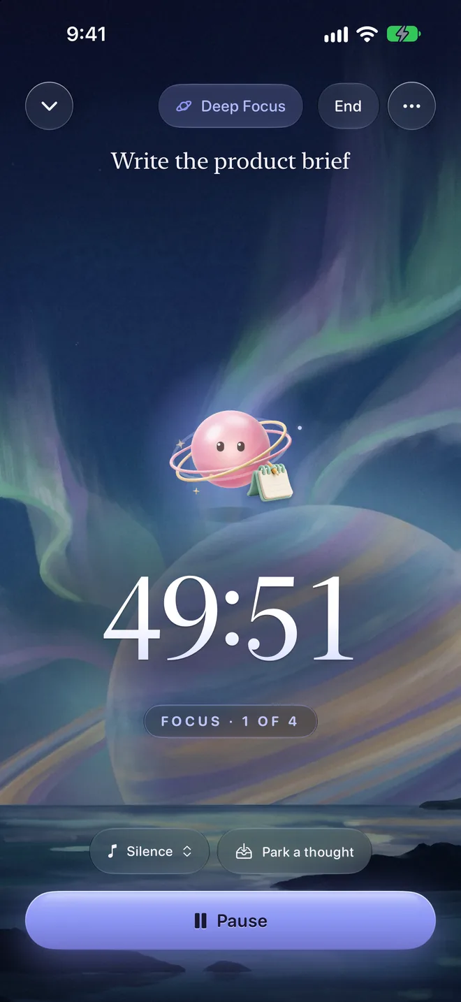 A Deep Focus session, Write the product brief: a 49:51 countdown under an aurora.