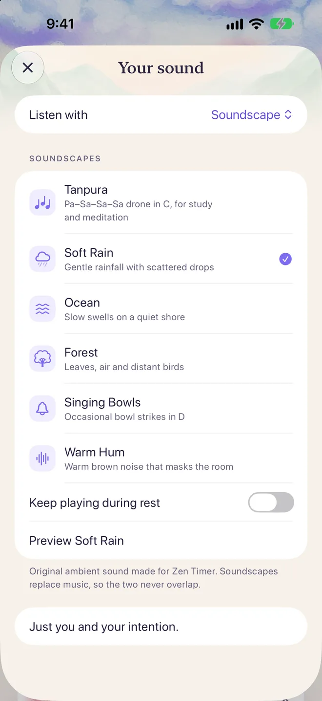 The sound picker, Your sound: Tanpura, Soft Rain, Ocean, Forest, Singing Bowls and Warm Hum.