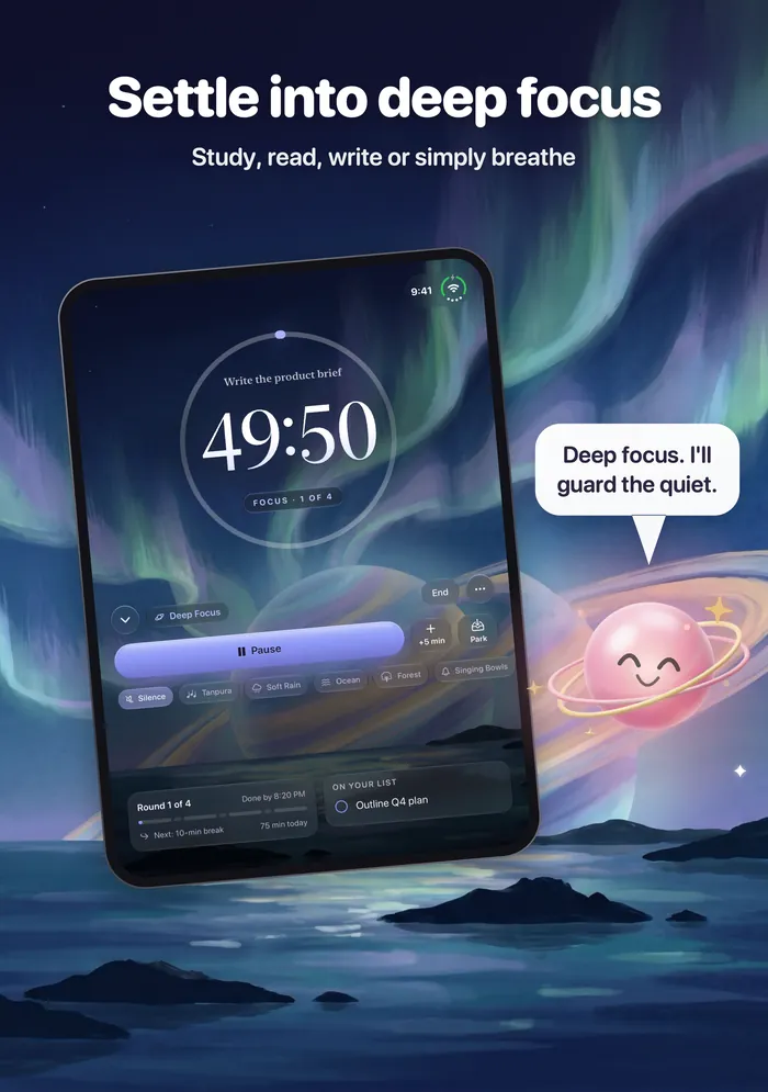 Settle into deep focus. Zen Timer on an unfolded iPhone Duo: a Deep Focus session at 49:50 over the aurora, and Orbilla beside it: Deep focus. I’ll guard the quiet.