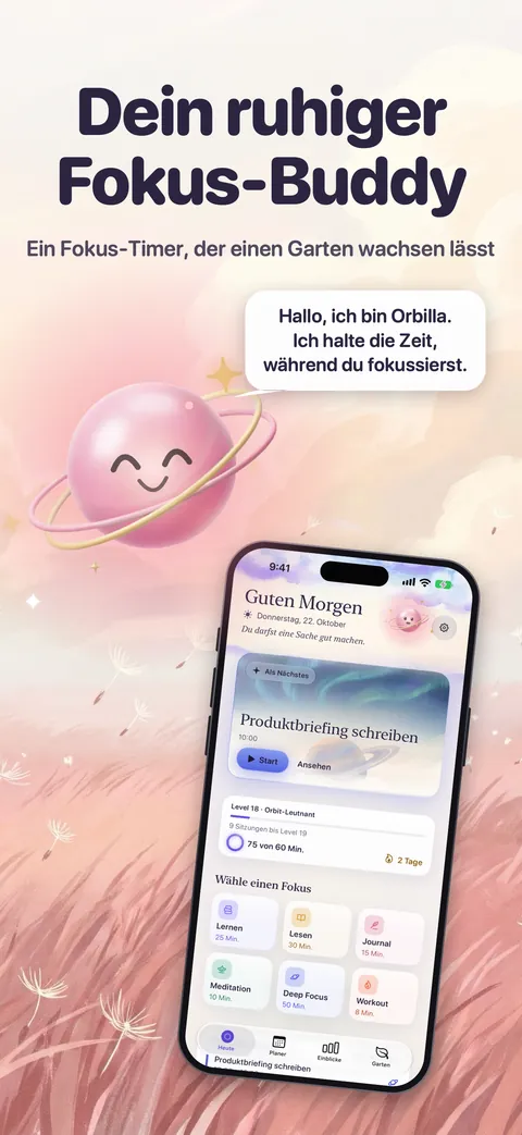 Zen Timer’s Today screen at dawn in German, Orbilla beside it saying hello.