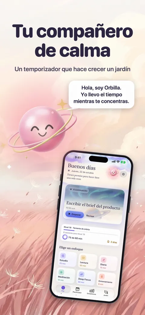 Zen Timer’s Today screen at dawn in Spanish, Orbilla beside it saying hello.