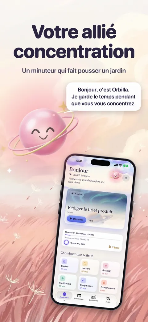 Zen Timer’s Today screen at dawn in French, Orbilla beside it saying hello.