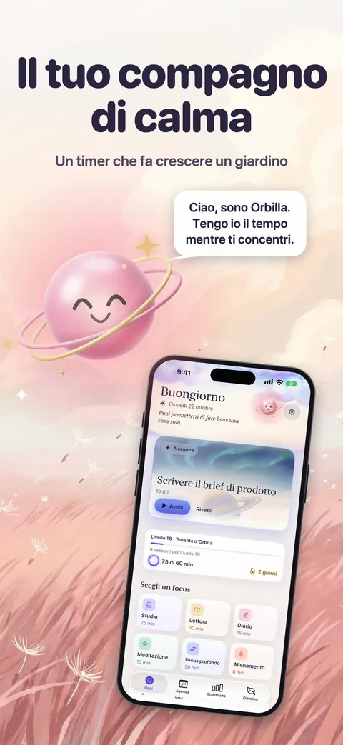 Zen Timer’s Today screen at dawn in Italian, Orbilla beside it saying hello.