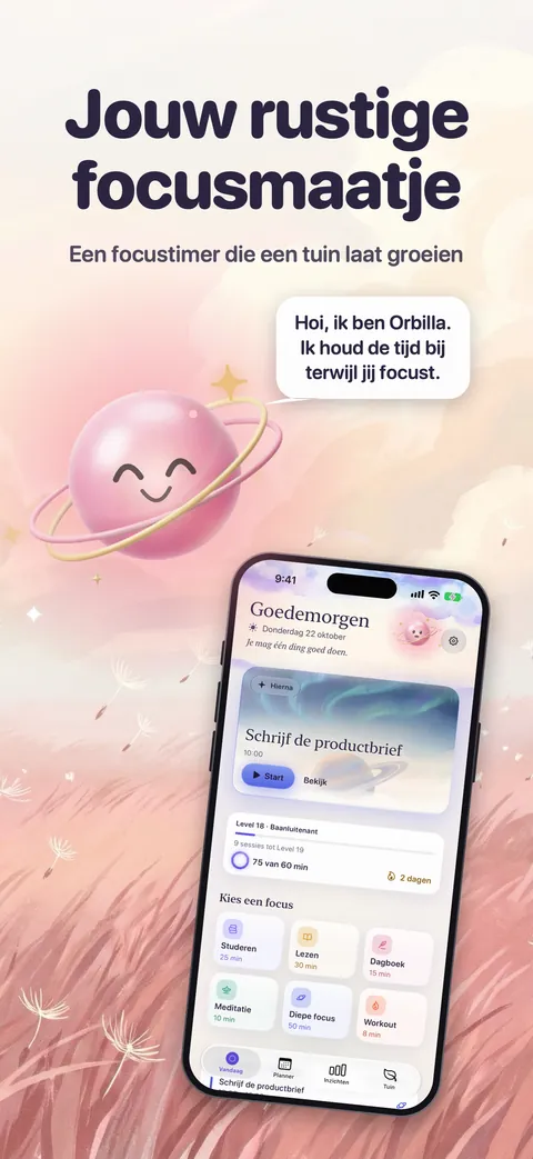 Zen Timer’s Today screen at dawn in Dutch, Orbilla beside it saying hello.
