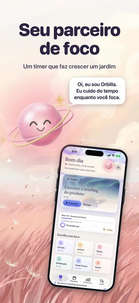 Zen Timer’s Today screen at dawn in Brazilian Portuguese, Orbilla beside it saying hello.