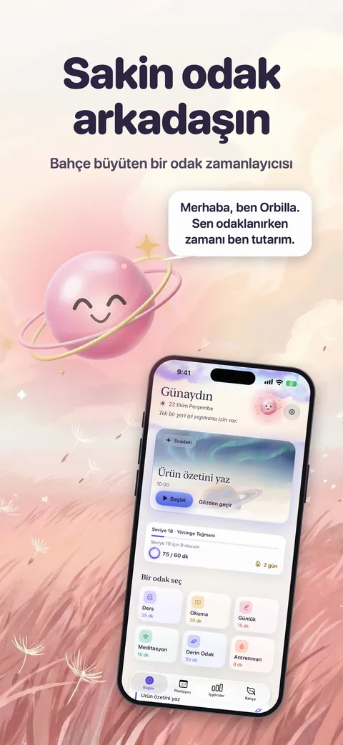 Zen Timer’s Today screen at dawn in Turkish, Orbilla beside it saying hello.