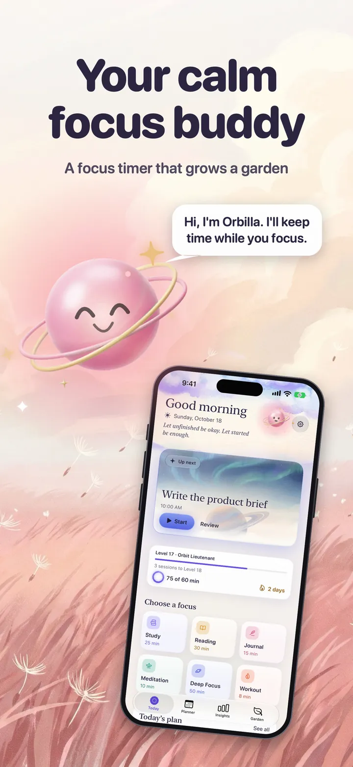 Your calm focus buddy. A focus timer that grows a garden. Zen Timer’s Today screen at dawn, Orbilla beside it saying hello: Hi, I’m Orbilla. I’ll keep time while you focus.