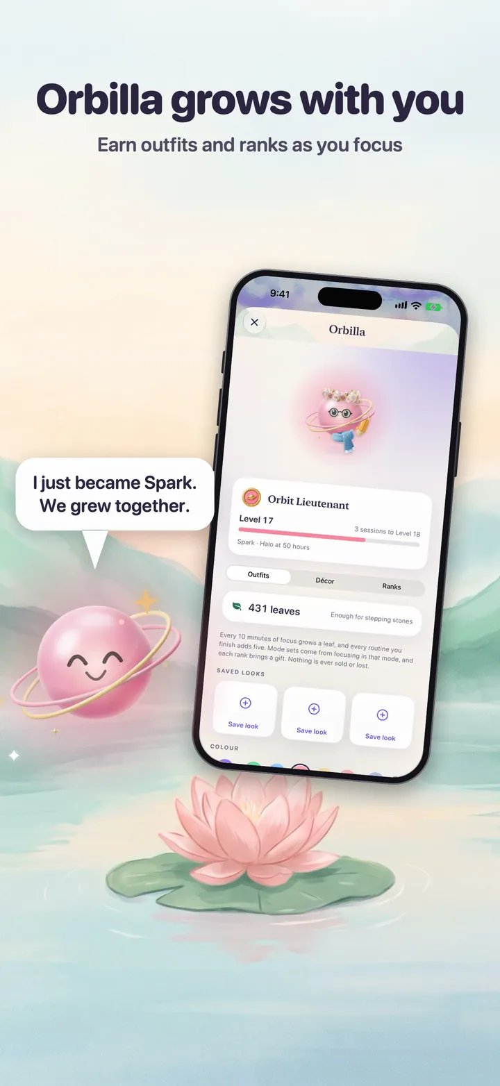 Orbilla grows with you. Earn outfits and ranks as you focus. Orbilla’s profile with outfits and its rank. Orbilla: I just became Spark. We grew together.