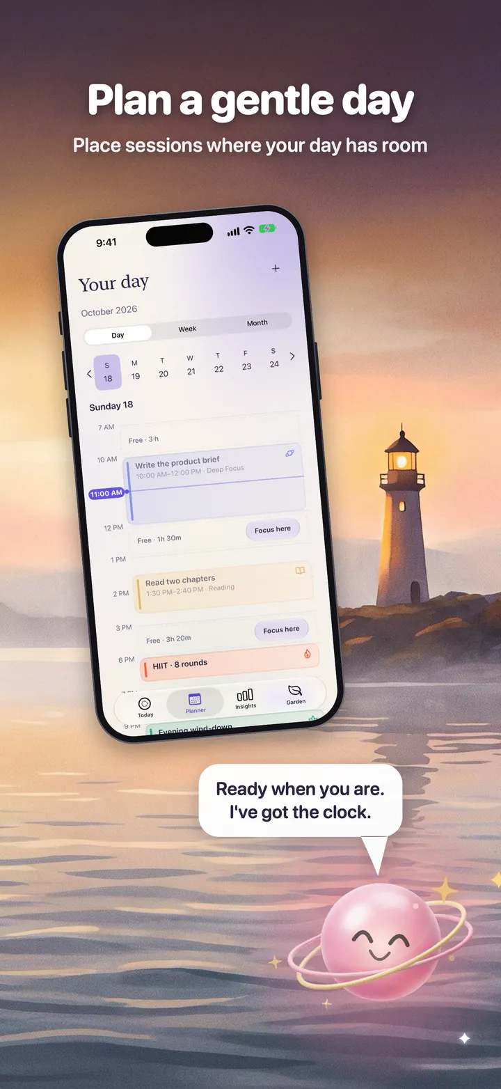 Plan a gentle day. Place sessions where your day has room. The Planner: the day with focus sessions placed in free time. Orbilla: Ready when you are. I’ve got the clock.