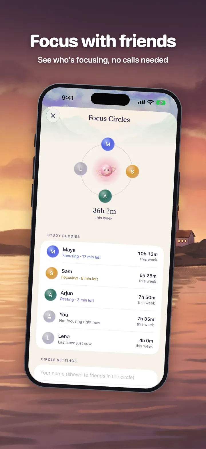 Focus with friends. See who’s focusing, no calls needed. Focus Circles: friends’ focus time this week.