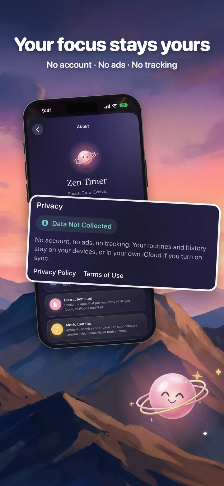 Your focus stays yours. No account · No ads · No tracking. About, its Privacy section: Data Not Collected.