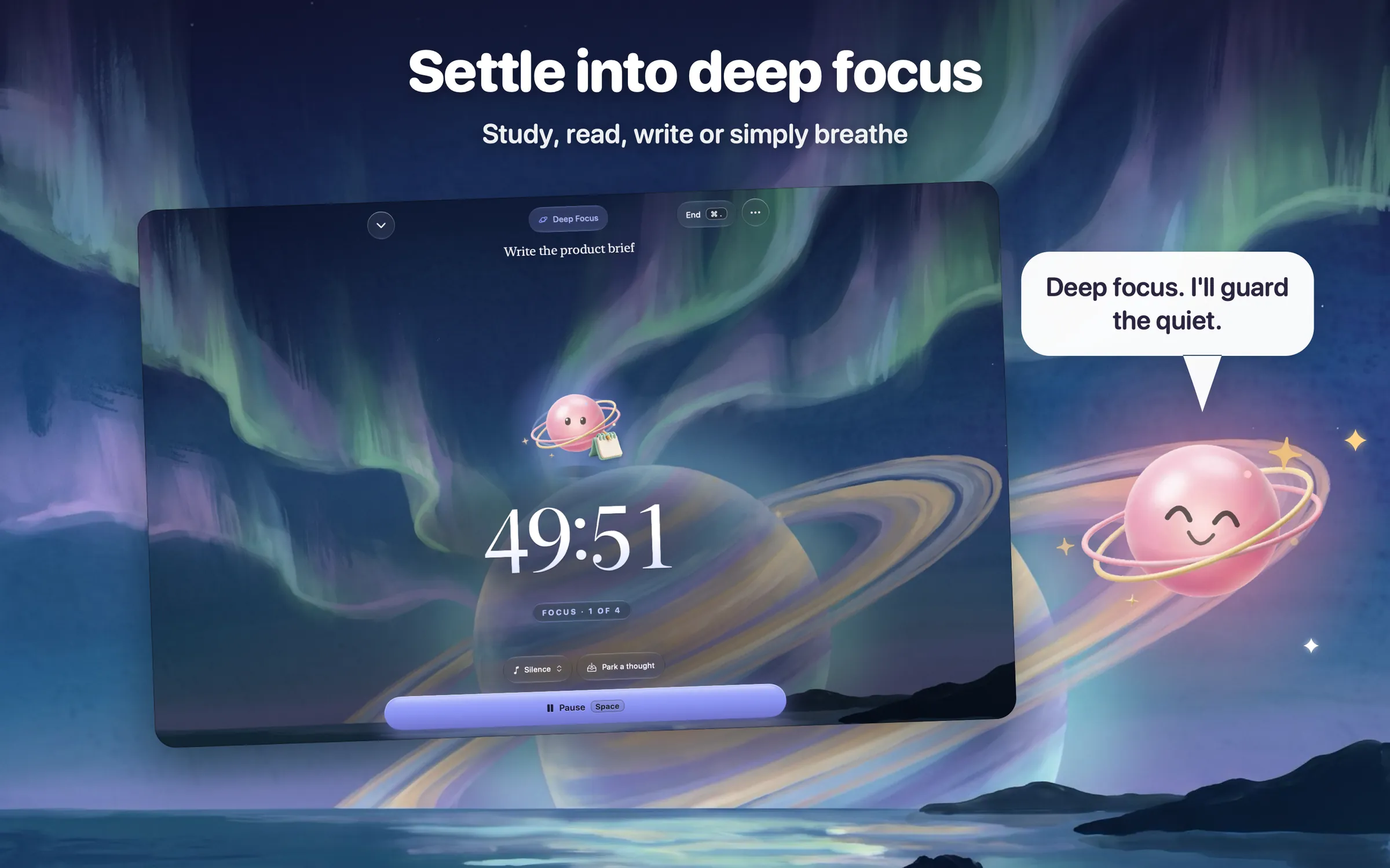 Settle into deep focus. Study, read, write or simply breathe. Zen Timer on Mac: a Deep Focus session at 49:51 over the aurora and a ringed planet, and Orbilla beside it: Deep focus. I’ll guard the quiet.