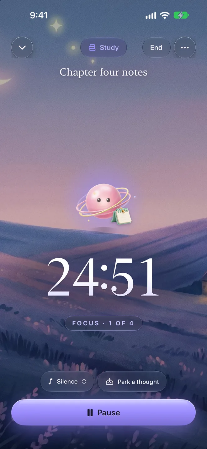 A Study session, Chapter four notes: Orbilla above a 24:51 countdown, focus 1 of 4.