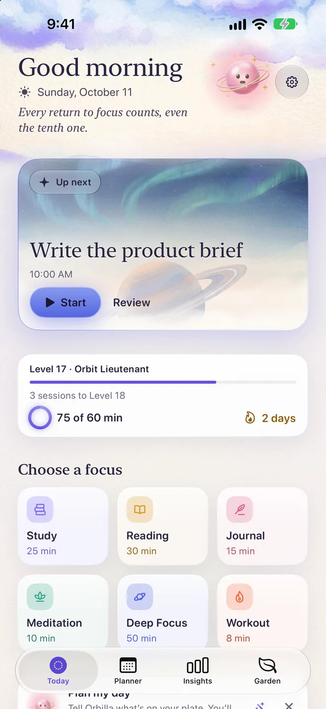Today on iPhone in the Dawn theme: Good morning, Write the product brief ready to start, and the six modes.