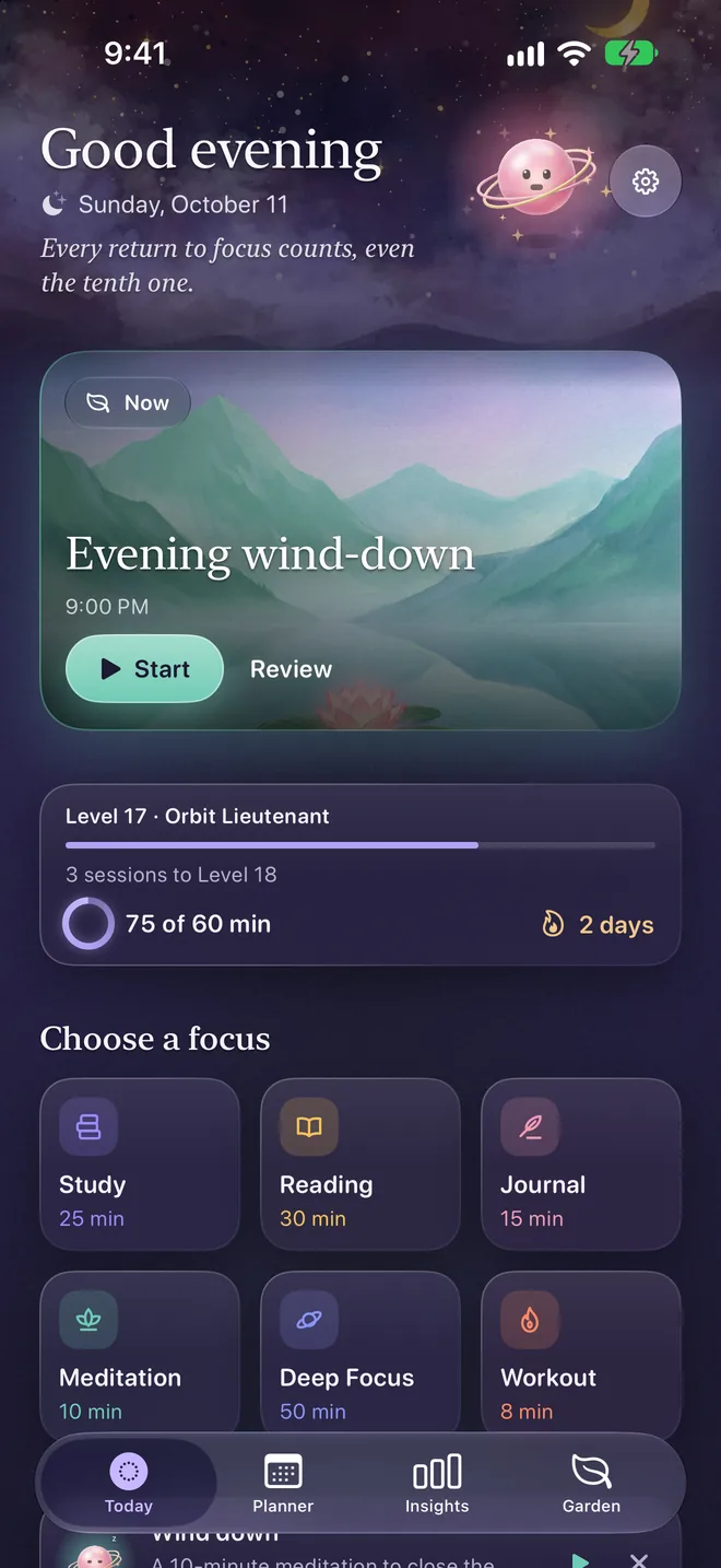 Today on iPhone in the Dusk theme: Good evening, with Evening wind-down ready to start.