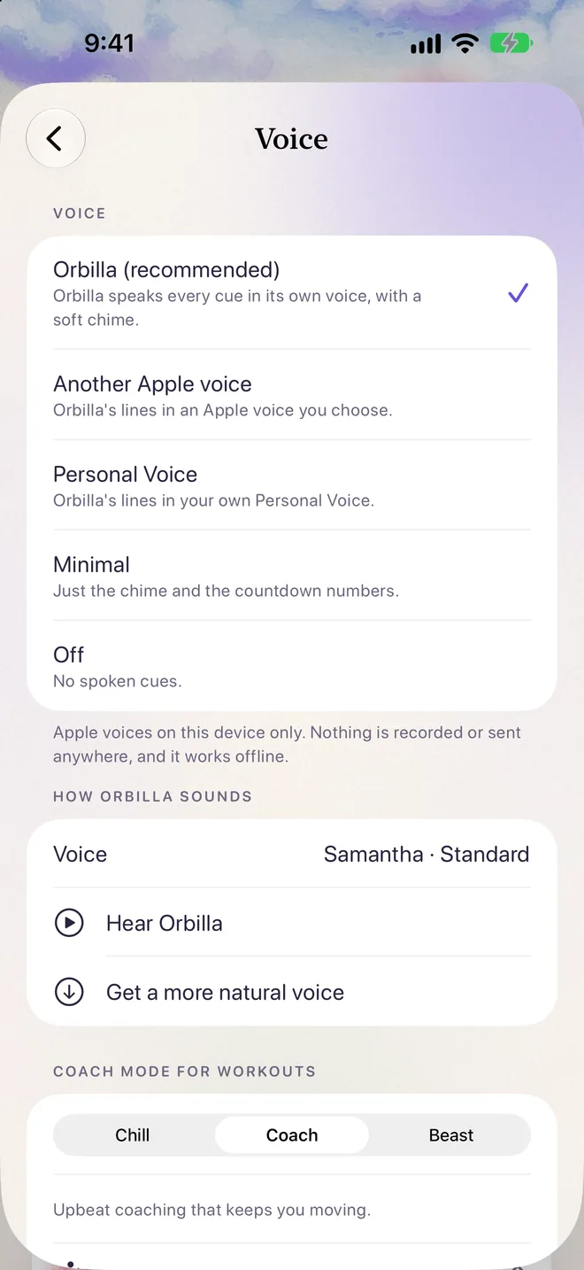 Voice settings: Orbilla speaks every cue in its own voice, and Coach mode for workouts, with Chill, Coach and Beast.