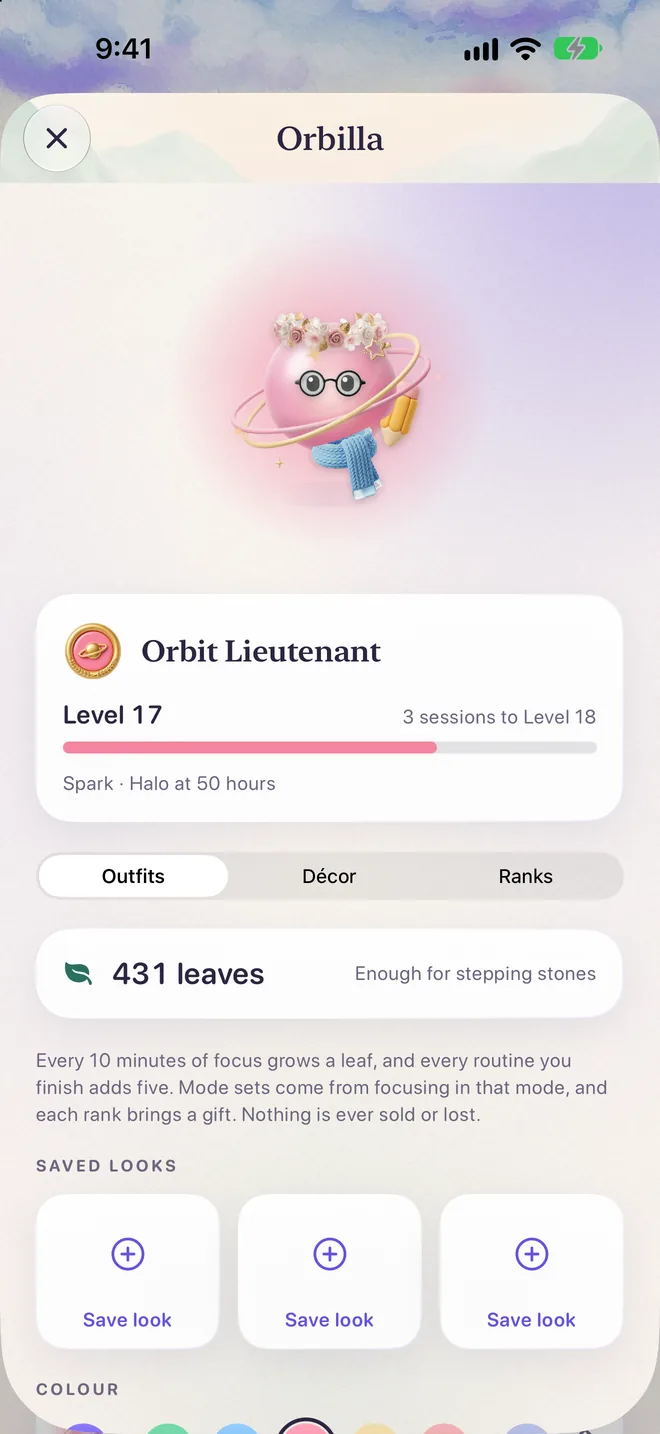 Orbilla’s profile: Orbilla in a flower crown, glasses and a scarf, Orbit Lieutenant, Level 17, with 431 leaves and the Outfits tab.
