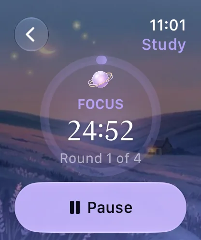 A Study session on Apple Watch: a 24:52 countdown, round 1 of 4, with a Pause button.