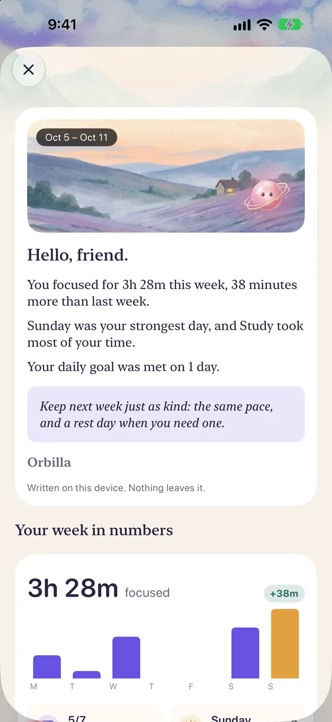 Orbilla’s weekly letter: Hello, friend, a few kind lines about the week, and under it, Written on this device. Nothing leaves it.